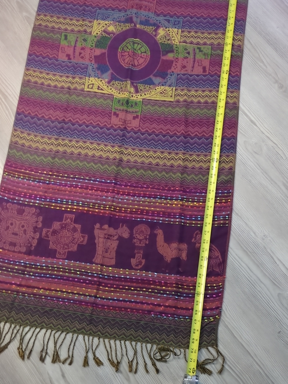 Boho Andean Pashmina Style Shawl Wrap Scarf Purple Fringe 27x70 Inca Southwester - Picture 8 of 14